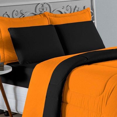 Kit Edredom Dupla Face + Jogo De Lençol Casal Nobre 7 Peças Malha 100% Algodão - Laranja / Preto