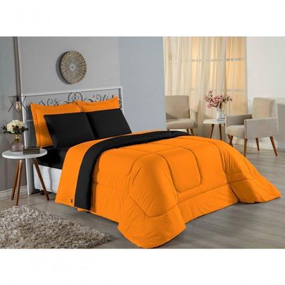 Kit Edredom Dupla Face + Jogo De Lençol Casal Nobre 7 Peças Malha 100% Algodão - Laranja / Preto