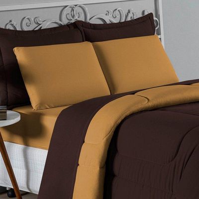 Kit Edredom Dupla Face + Jogo De Lençol Casal Nobre 7 Peças Malha 100% Algodão - Marrom / Cobre
