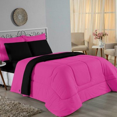 Kit Edredom Dupla Face + Jogo De Lençol Casal Nobre 7 Peças Malha 100% Algodão - Pink / Preto