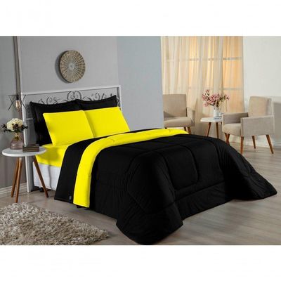 Kit Edredom Dupla Face + Jogo De Lençol Casal Nobre 7 Peças Malha 100% Algodão - Preto / Amarelo