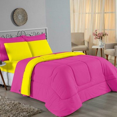 Kit Edredom Dupla Face + Jogo De Lençol Casal Nobre 7 Peças Malha 100% Algodão - Pink / Amarelo