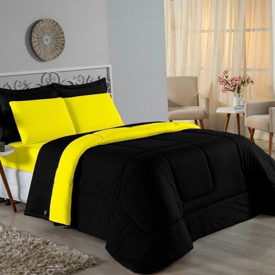 Kit Edredom Dupla Face + Jogo De Lençol Casal Nobre 7 Peças Malha 100% Algodão - Preto / Amarelo