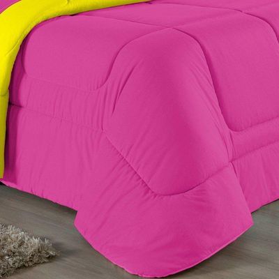 Kit Edredom Dupla Face + Jogo De Lençol Casal Nobre 7 Peças Malha 100% Algodão - Pink / Amarelo