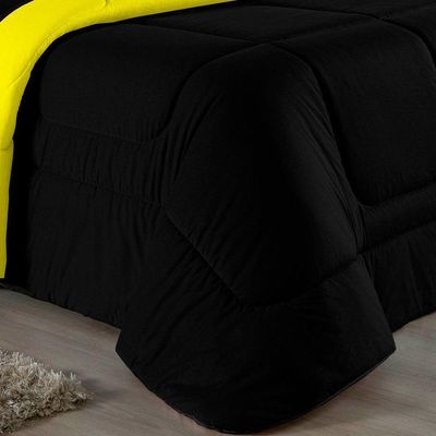 Kit Edredom Dupla Face + Jogo De Lençol Casal Nobre 7 Peças Malha 100% Algodão - Preto / Amarelo