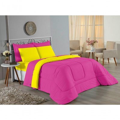 Kit Edredom Dupla Face + Jogo De Lençol Casal Nobre 7 Peças Malha 100% Algodão - Pink / Amarelo