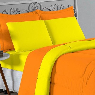 Kit Edredom Dupla Face + Jogo De Lençol Casal Nobre 7 Peças Malha 100% Algodão - Laranja / Amarelo