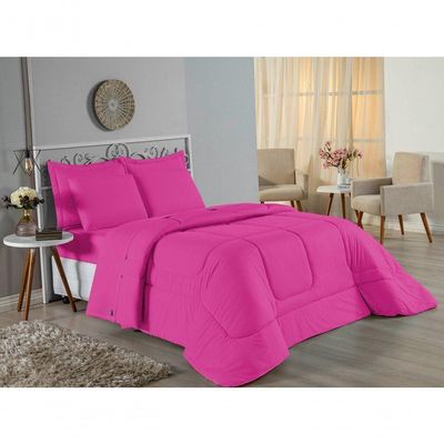Kit Edredom Dupla Face + Jogo De Lençol Casal Nobre 7 Peças Malha 100% Algodão - Pink