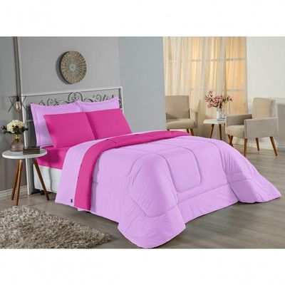 Kit Edredom Dupla Face + Jogo De Lençol Casal Nobre 7 Peças Malha 100% Algodão - Lilás / Pink