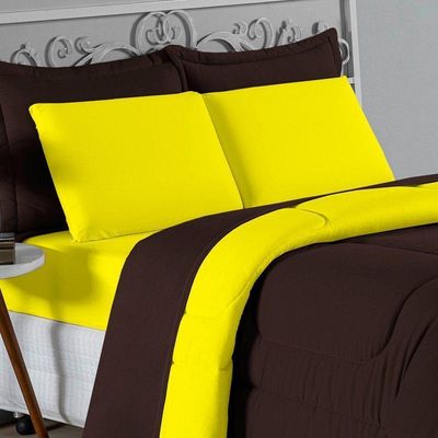 Kit Edredom Dupla Face + Jogo De Lençol Casal Nobre 7 Peças Malha 100% Algodão - Marrom / Amarelo