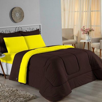 Kit Edredom Dupla Face + Jogo De Lençol Casal Nobre 7 Peças Malha 100% Algodão - Marrom / Amarelo
