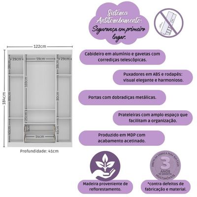 Guarda-roupa Infantil 122cm 4 Portas E 2 Gavetas Encanto Multimóveis Mp4448 Branco Branco
