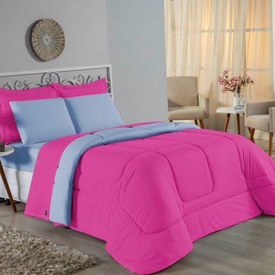 Edredom King Nobre 1 Peça Dupla Face 2,50m X 2,90m Malha 100% Algodão - Pink / Azul-bebê