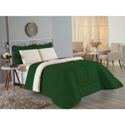 Edredom King Nobre 1 Peça Dupla Face 2,50m X 2,90m Malha 100% Algodão - Verde-bandeira / Palha