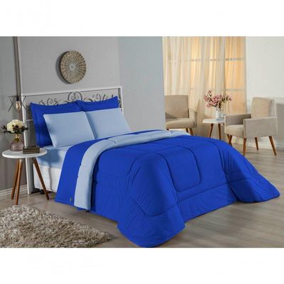 Edredom Queen Nobre 1 Peça Dupla Face 2,20m X 2,40m Malha 100% Algodão - Royal / Azul-bebê