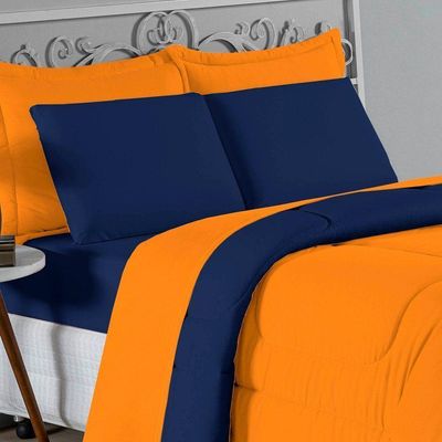 Edredom Queen Nobre 1 Peça Dupla Face 2,20m X 2,40m Malha 100% Algodão - Laranja / Azul-marinho