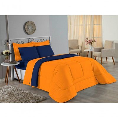 Edredom Queen Nobre 1 Peça Dupla Face 2,20m X 2,40m Malha 100% Algodão - Laranja / Azul-marinho