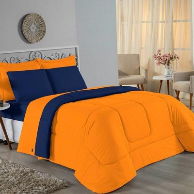 Edredom Queen Nobre 1 Peça Dupla Face 2,20m X 2,40m Malha 100% Algodão - Laranja / Azul-marinho
