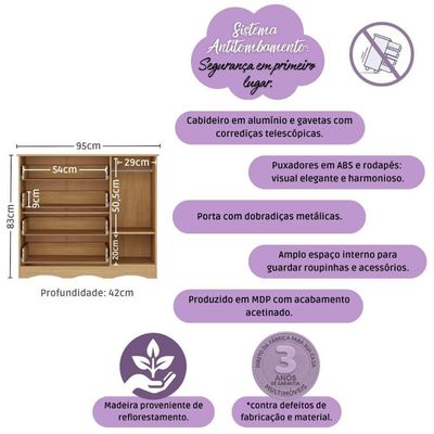 Cômoda Infantil 95cm 1 Porta E 4 Gavetas Realeza Multimóveis Mp4454 Madeirado Madeirado