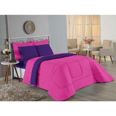 Edredom King Nobre 1 Peça Dupla Face 2,50m X 2,90m Malha 100% Algodão - Pink / Roxo