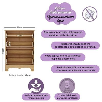 Cômoda Infantil 65cm Com 4 Gavetas Dengo Multimóveis Mp4409 Madeirado Madeirado