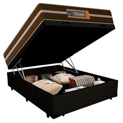 Cama Box Baú Casal Suede + Colchão Molas Ensacadas Texas Prime Colchões 138x188x66cm Preto