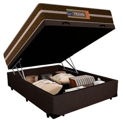 Cama Box Baú Casal Suede + Colchão Molas Ensacadas Texas Prime Colchões 138x188x63cm Marrom