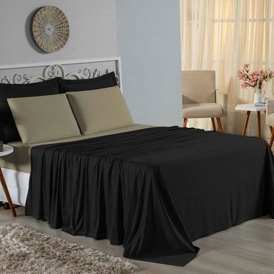 Jogo  Cama Queen Nobre 4 Peças Lençol  Elástico  30cm  Altura  100% Algodão  Preto  Avelã