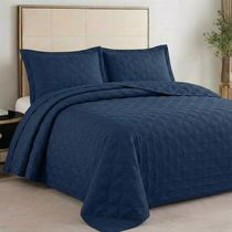 Kit Cobre Leito Colcha Charlote King 3 Peças Dupla Face Liso Classic - Azul Marinho - 100% Poliéster