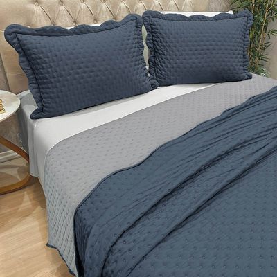 Kit Cobre Leito Colcha Colour Casal 3 Peças Percal 300 Fios Dupla Face - Azul - 100% Poliéster