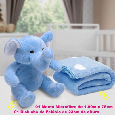Manta e Bichinho Pelúcia Buettner Baby Microfibra Elefante Azul