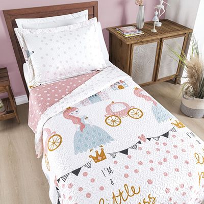 Kit Cobre Leito Colcha Solteiro Infantil Fantasy Dupla Face Microfibra 2 Peças - Princesinha Branco