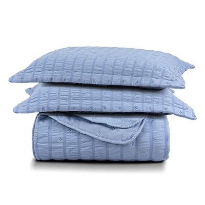 Kit Colcha Cobre Leito Plissê Queen Seersucker Premium 3 Peças Maciez e Leveza com Textura 3D Azul Mineral