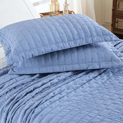 Kit Colcha Cobre Leito Plissê Queen Seersucker Premium 3 Peças Maciez e Leveza com Textura 3D Azul Mineral