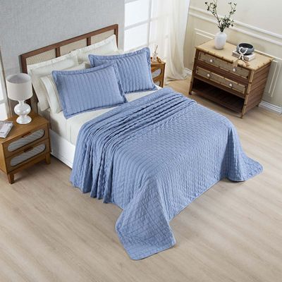 Kit Colcha Cobre Leito Plissê Queen Seersucker Premium 3 Peças Maciez e Leveza com Textura 3D Azul Mineral