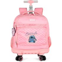 Mochila Escolar Stitch Rodinhas 360° C Alças Rosa Luxcel