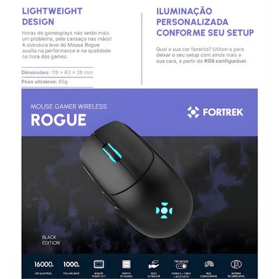 Mouse gamer Fortrek Rogue Sem Fio 2.4g Bt USB 16000dpi Preto