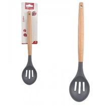Colher Vazada De Silicone Grafite Cabo Madeira 32 cm - Well