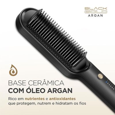 Escova Alisadora Mondial Black Gold Argan EA06 Cabo Giratório 230°C - Bivolt