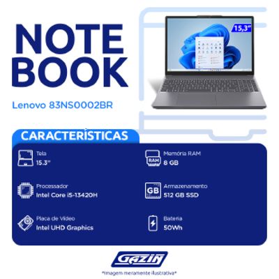 Notebook Lenovo Idea SLIM 15.3P I5-13420H 8GB SSD512GB W11 - 83NS0002BR Cinza Bivolt