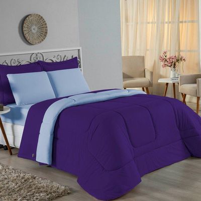 Kit Edredom Dupla Face  Jogo De Lençol Casal Viúva Nobre 7 Peças  100% Algodão  Roxo  Azulbebê
