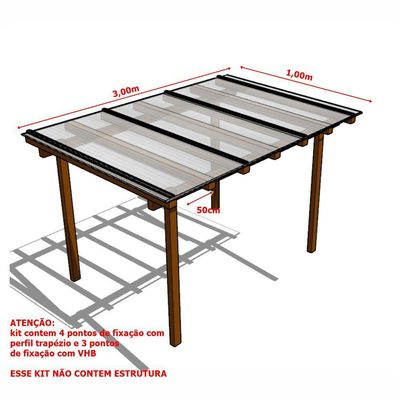 Kit Policarbonato Cristal 4mm 3,00m X 1,00m - Perfis Preto Cristal: 80% De Transmissão De Luz