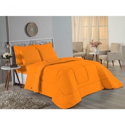 Kit Edredom Dupla Face + Jogo De Lençol King Nobre 7 Peças Malha 100% Algodão - Laranja