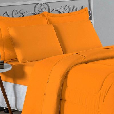 Kit Edredom Dupla Face + Jogo De Lençol King Nobre 7 Peças Malha 100% Algodão - Laranja