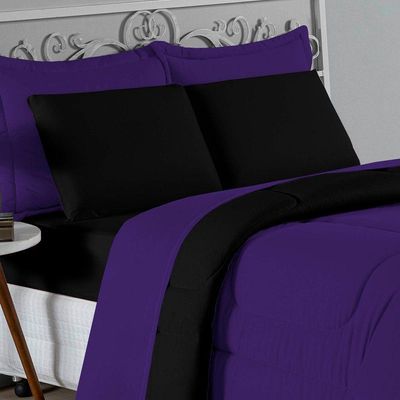 Kit Edredom Dupla Face + Jogo De Lençol Casal Viúva Nobre 7 Peças Malha 100% Algodão - Roxo / Preto