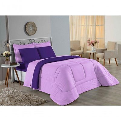 Kit Edredom Dupla Face + Jogo De Lençol King Nobre 6 Peças Malha 100% Algodão - Lilás / Roxo