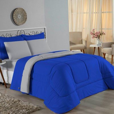 Kit Edredom Dupla Face + Jogo De Lençol Casal Viúva Nobre 7 Peças Malha 100% Algodão - Royal / Cinza