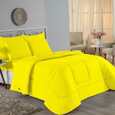 Kit Edredom Dupla Face + Jogo De Lençol King Nobre 7 Peças Malha 100% Algodão - Amarelo