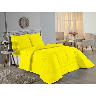 Kit Edredom Dupla Face + Jogo De Lençol King Nobre 7 Peças Malha 100% Algodão - Amarelo