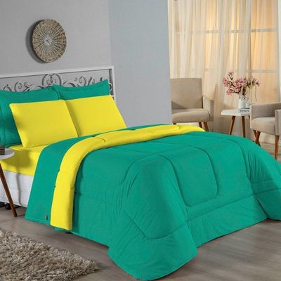 Kit Edredom Dupla Face + Jogo De Lençol King Nobre 6 Peças Malha 100% Algodão - Jade / Amarelo